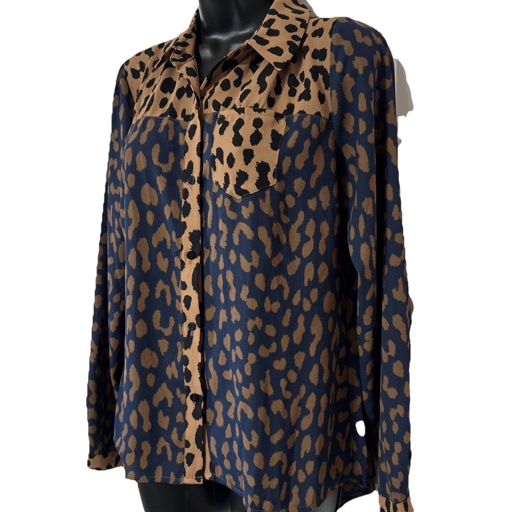 Venus Animal Print Leopard Blouse Blue Brown Black Button Up Wrinkle Resistant 8 - Picture 3 of 6